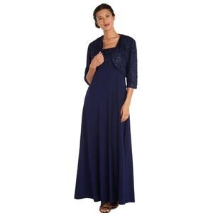 1990s R&M Richards Navy Beaded Lace Bolero Dress Set Petite 4